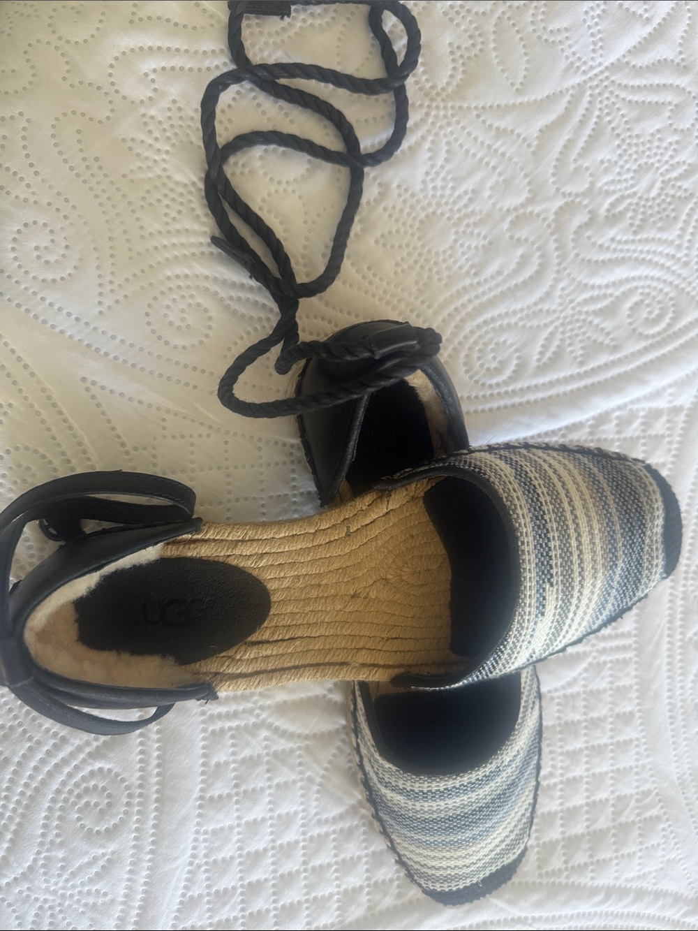 UGG Women's Black and Cream Striped Espadrille Lace-Up Flats